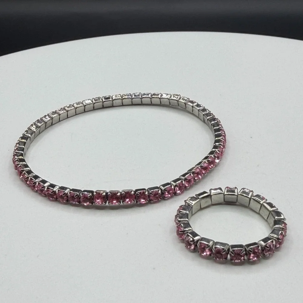 Pink Rhinestone Stretch Bracelet Ring Set Silver Tone Coquette Y2K Sparkle Gift